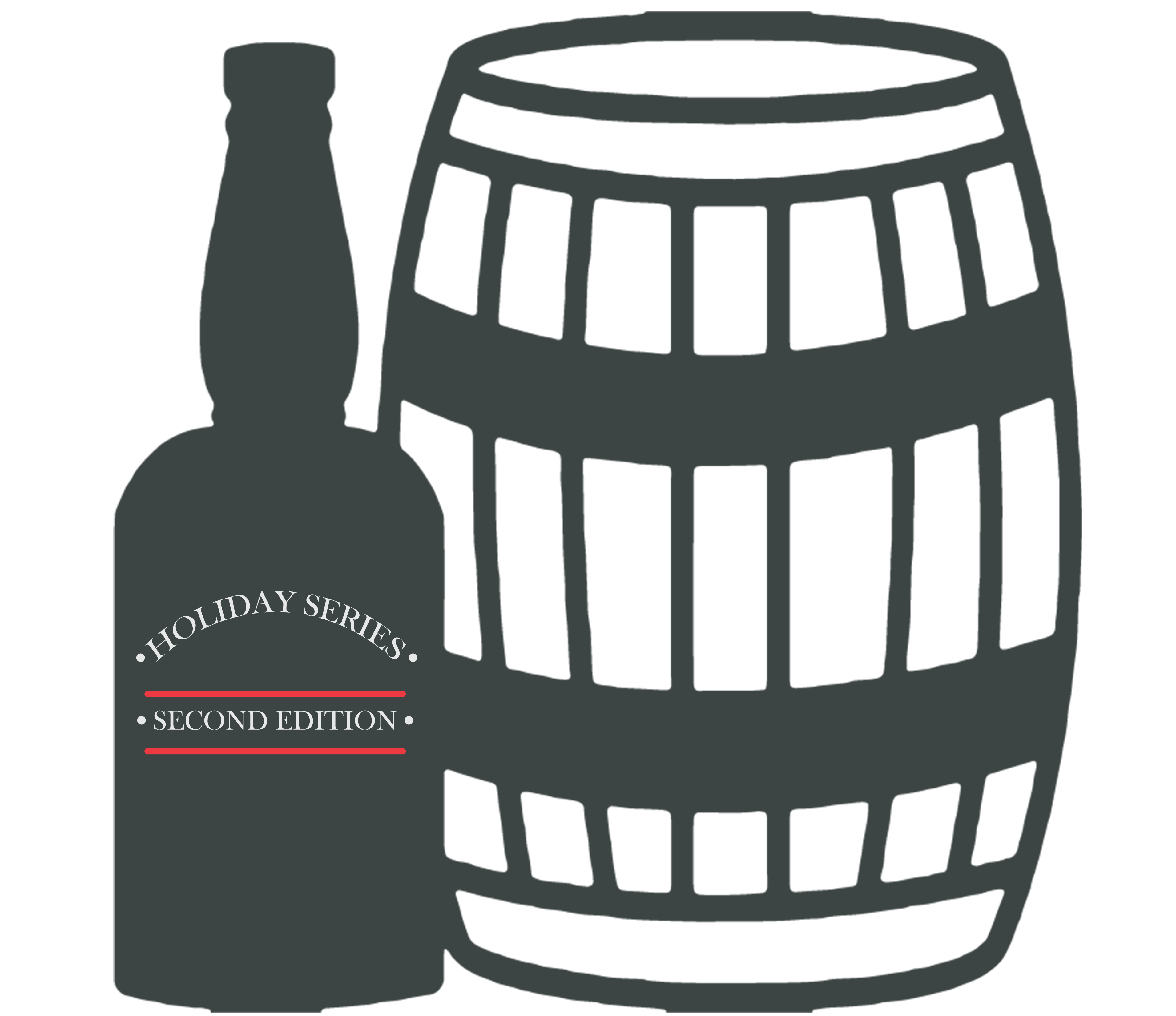 Illustration of bottle and barrel. bottle reads "Holiday Series" and below it "second edition"